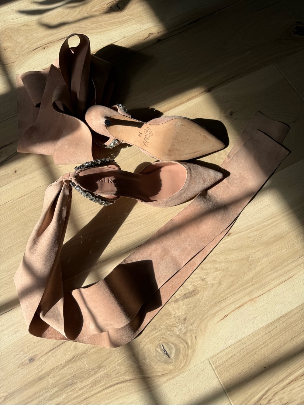 Pointed Tie-Ankle Heels in Blush with Chain Accent